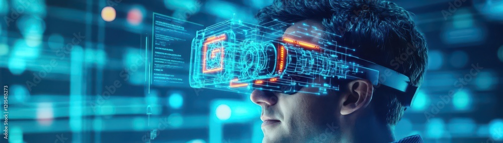 Aufkleber An engineer using augmented reality glasses to visualize a machine design, futuristic setting, glowing interface