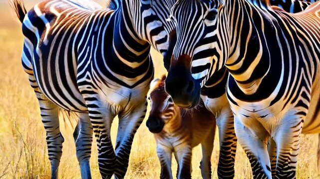 Closeup of herd of wild African zebra standing with baby zebra foal in savannah. epic shot of zebra closeup walking on grass. Wild animals of South Africa concept. Safari tourism. Wildlife of Tanzania