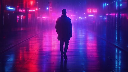 Solitary Figure Walking Neon Lit City Street