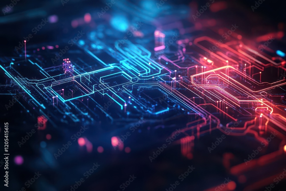 Poster Illuminated Circuit Board with Vibrant Glowing Lights and Intricate Patterns Showcasing Technology and Innovation in a Modern Digital Environment