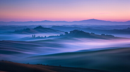 Obraz premium Serene Morning Mist Enveloping a Quaint Village with Rolling Hills and Distant Mountains