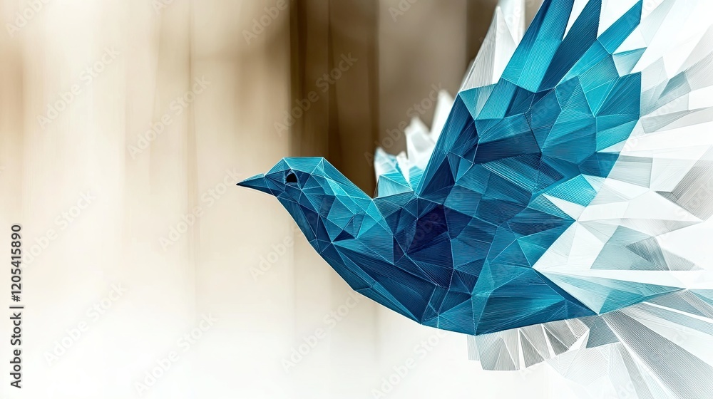 Poster geometric bird design symbolizes freedom with elegant triangular forms in blue and white hues