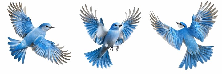Fototapeta premium Colorful blue birds in flight, showcasing wings in various poses against a white background.