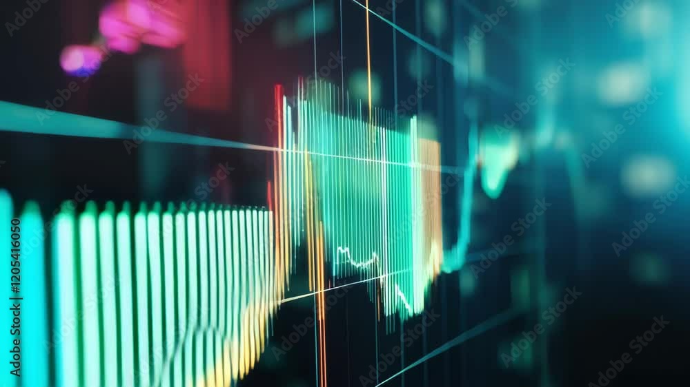 Poster colorful stock market data fluctuating on a digital screen, visualizing investment growth and financ
