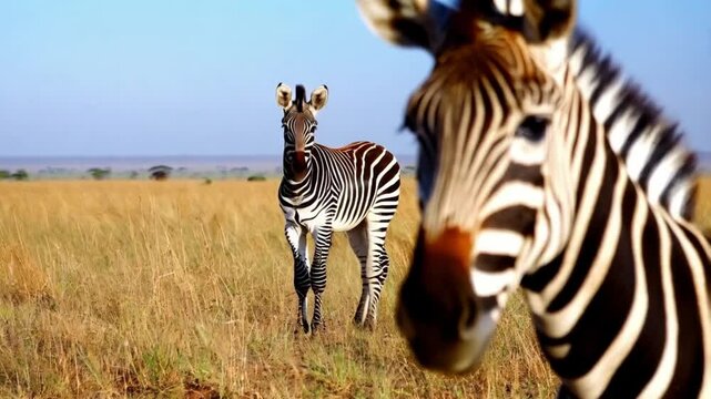 Baby zebra foal closeup portrait in savannah. African zebra standing on grass in Savannah. Wild animals of South Africa concept. Safari tourism. Wildlife of Tanzania. Serengeti national park