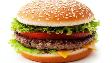 A detailed close-up shot of a hamburger featuring fresh lettuce, ripe tomato, and melted cheese, showcasing vibrant colors and textures.