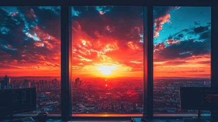 Fiery Sunset over City Skyline Seen from Panoramic Window