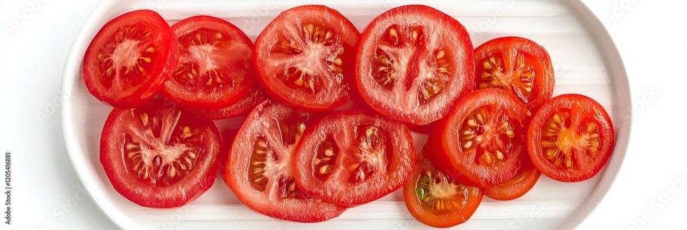 Poster thin tomato slices arranged in a circle on a white plate creating a vibrant culinary delight
