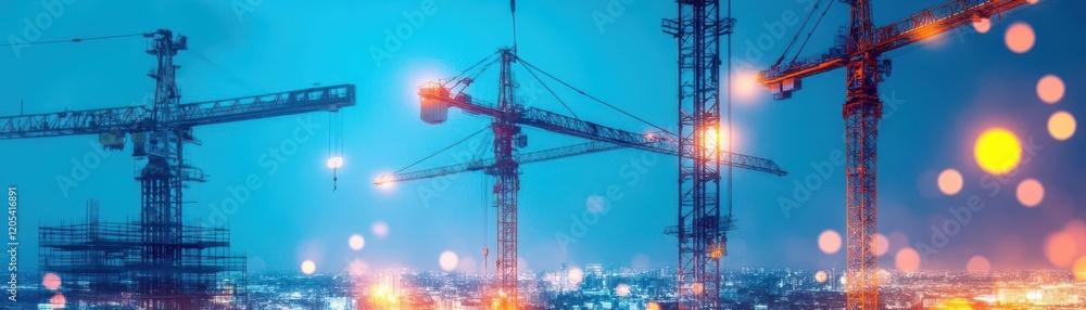 Poster dynamic cityscape featuring multiple construction cranes against a bright sky illustrating urban dev