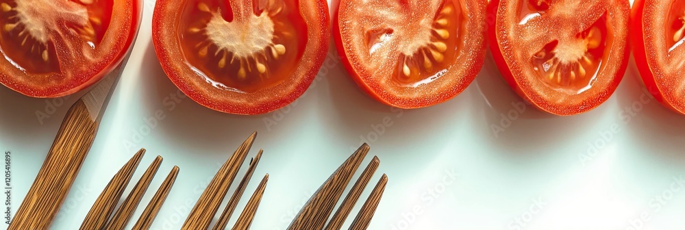 Poster Vibrant Tomato Slices Arranged in a Neat Circular Pattern on a Plain White Plate