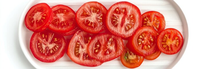 Fototapeta premium Thin Tomato Slices Arranged in a Circle on a White Plate Creating a Vibrant Culinary Delight
