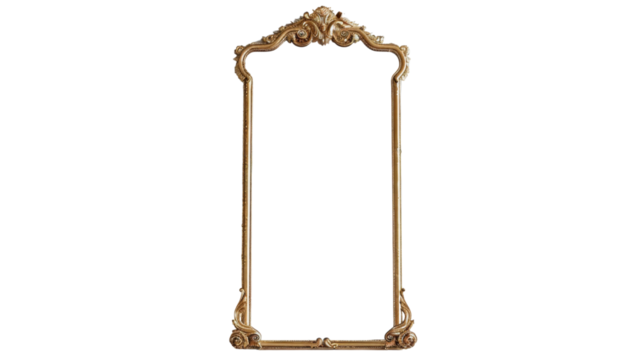Gold framed mirror stands on transparent background