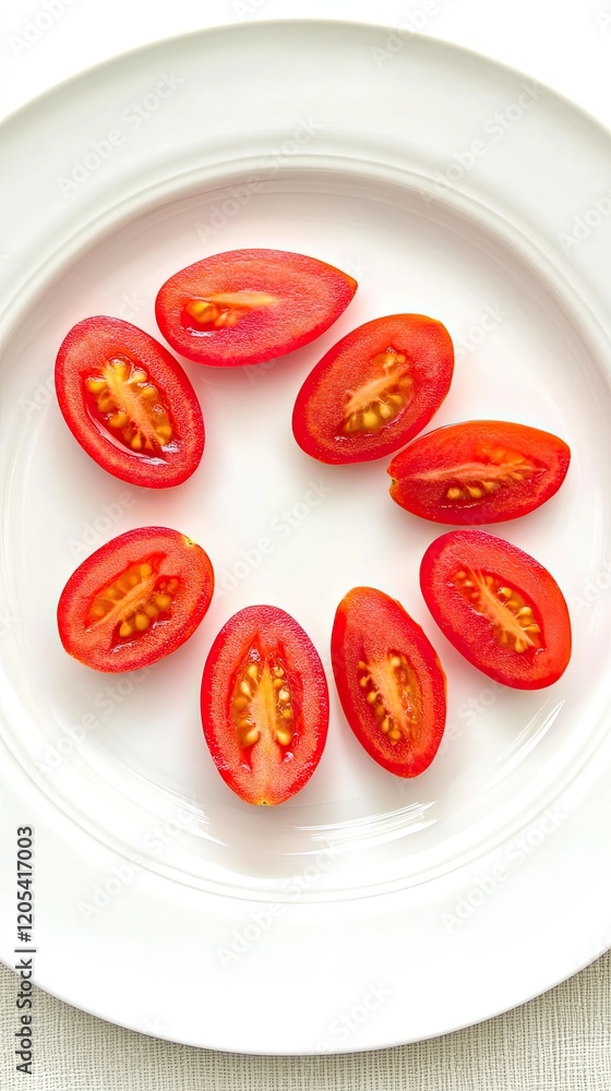 Poster vibrant red tomato slices artistically arranged in a circle on a simple white plate
