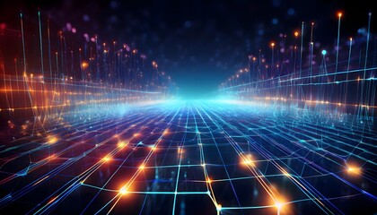 Futuristic Digital Grid with Glowing Blue and Orange Connections, Technology Concept