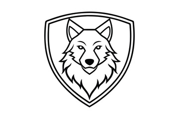 A black and white line drawing of a wolf head in a shield vector art illustration.eps