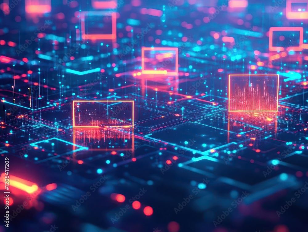 Poster Vibrant Abstract Background Featuring Blue and Red Color Contrasts with a Series of Geometric Squares Creating a Dynamic Visual Experience