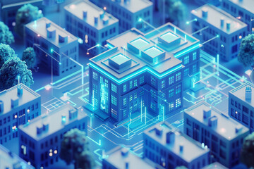 Isometric Tech School Illustration with Blue Glow and Data Grid