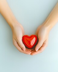 Obraz premium Gentle Hands Cradle a Small Red Heart on a Smooth Pastel Surface, Symbolizing Care and Affection