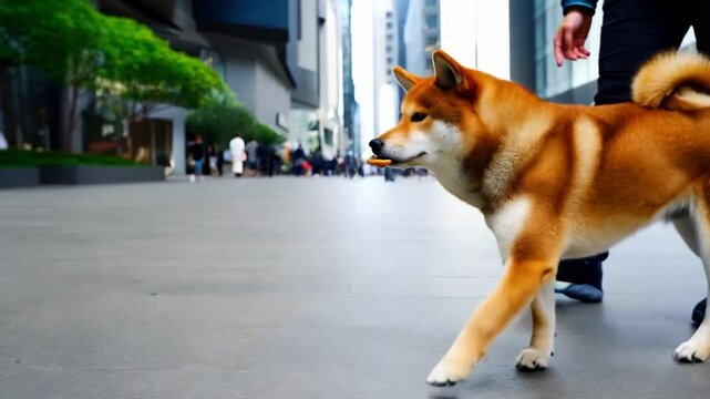 Walk with pet dog in city. Training a dog breed Shiba inu. Dog takes food from the owner's hand. People and pet friendship concept. Walking with dogs enjoying outdoors. Concept of training animals