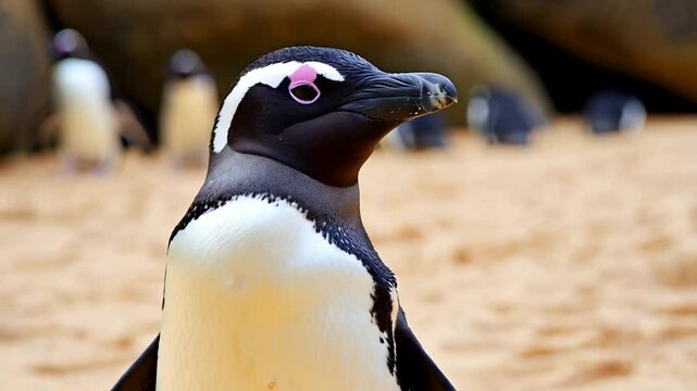 One little African penguin closeup portrait on sandy beach. Spheniscus demersus or jackass penguin. Colony on Boulders Beach Nature Reserve in Simon's Town in South Africa. Wildlife nature birds