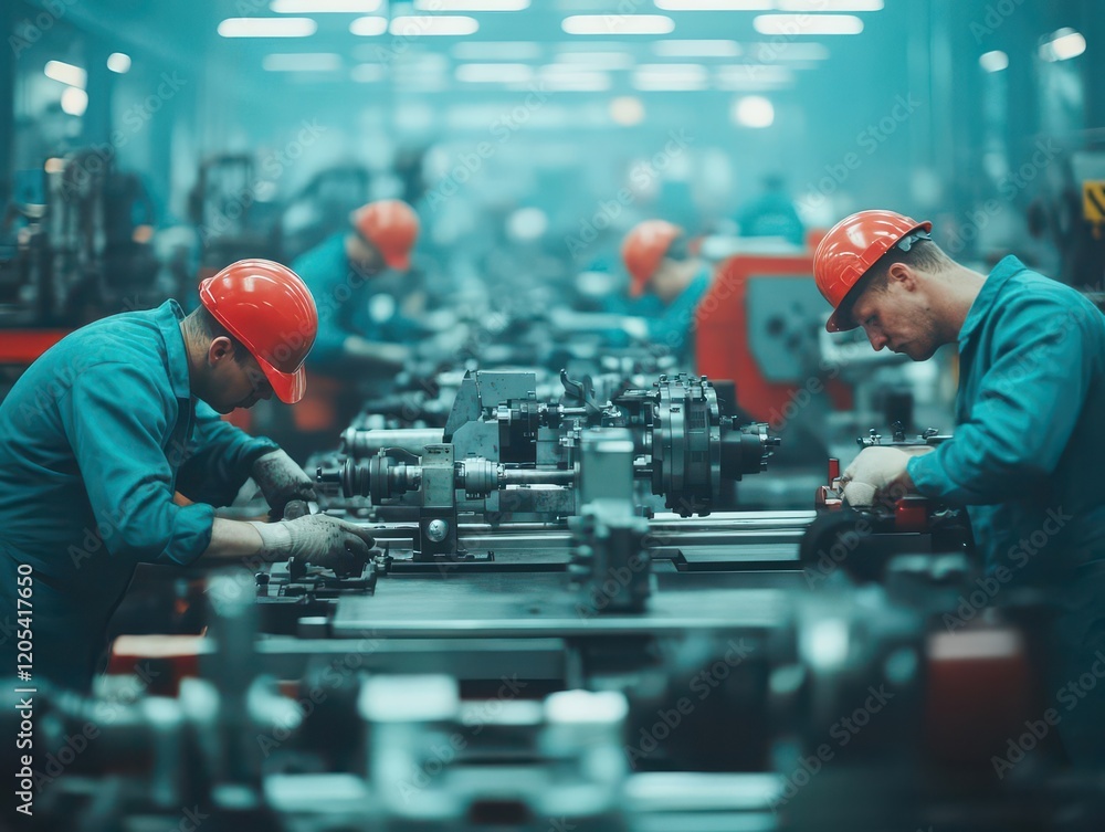 Aufkleber two factory workers collaborating on industrial machinery in a productive work environment focused o