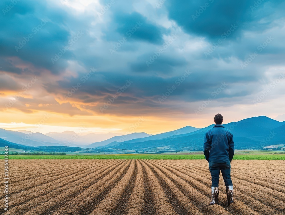 Poster a solitary man strolls through a vast golden field under a vibrant sunset sky filled with warm hues 