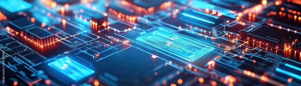 Poster Futuristic Circuit Board Design with Luminous Lights and Intricate Patterns Conveying Modern Technology and Innovation in a Digital Environment