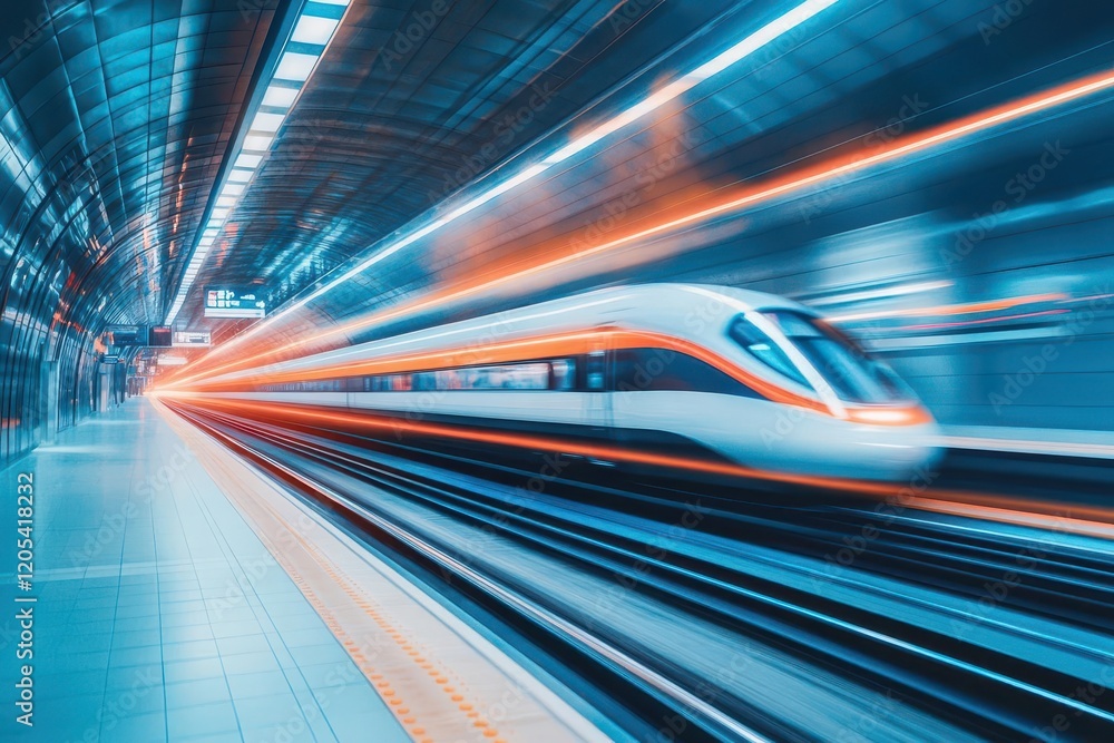Poster highspeed hyperloop train in a futuristic station, sleek design, motion blur