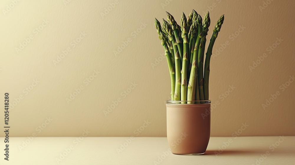 Poster fresh asparagus spears elegantly displayed in a simple glass jar against a soft beige background