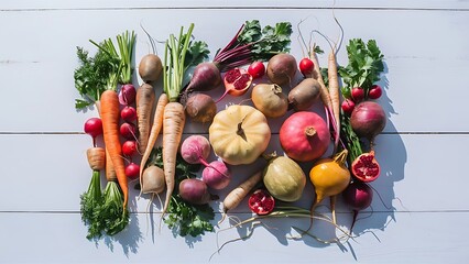 Winter vegetarian, vegan food cooking ingredients over white wooden background