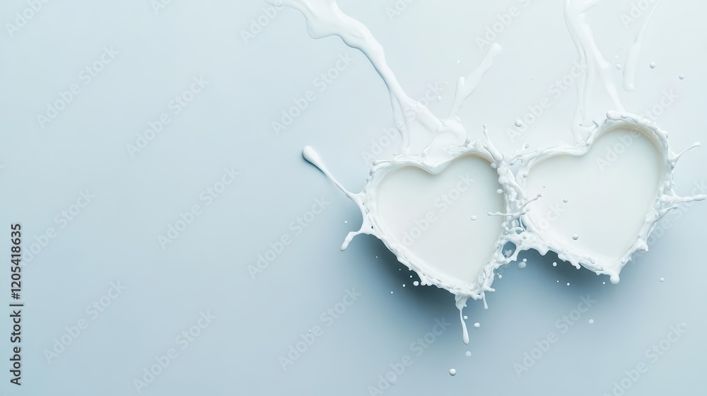 Poster dynamic heart shaped milk splashes against a vibrant blue background evoking joy and whimsy in a pla
