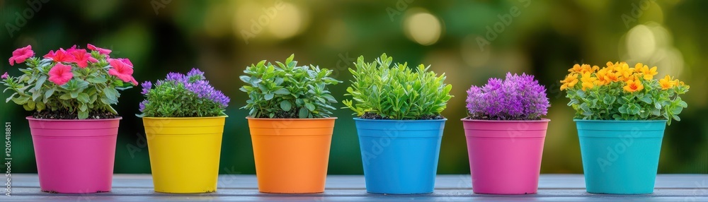 Poster vibrant arrangement of colorful flower pots on a rustic wooden table set against a bright natural ba