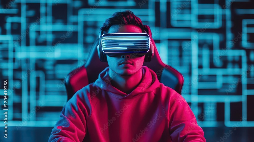 Aufkleber man engaged in virtual reality experience surrounded by futuristic digital elements showcasing techn