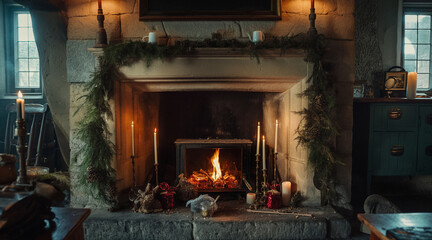 Cozy Stone Cottage Hearth with Festive Decor and Soothing Firelight Ambiance