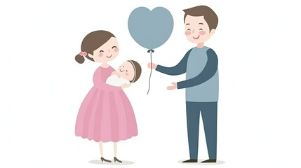 Joyful Baby Shower Celebration With Parents and Heart-Shaped Balloon in Vector Style