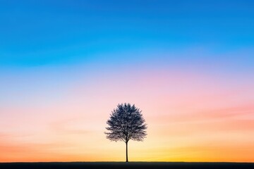Fototapeta premium Silhouette of a lone tree against a vibrant sunset, peaceful and timeless