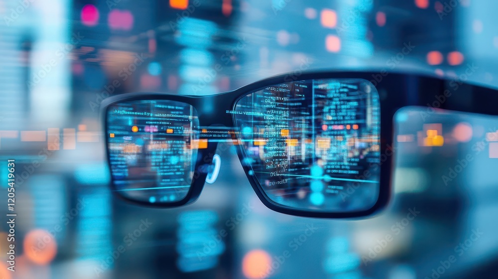 Fototapete Stylish Glasses Overlaid with Streams of Binary Code Representing Technology and Digital Innovation in a Contemporary Artistic Setting