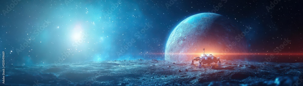 Poster futuristic space station on lunar surface illuminated by bright radiant light against starry sky cre