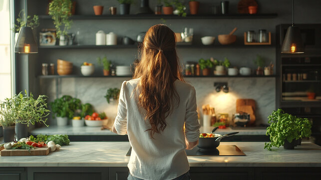キッチンで料理をする女性の後ろ姿