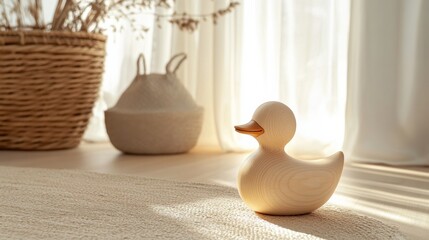 Minimalist duck toy crafted from smooth wood, featuring simple yet elegant design, styled in a natural light-filled play area