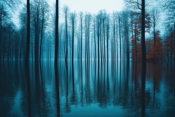 Submerged forests with only treetops visible, serene yet haunting vibe