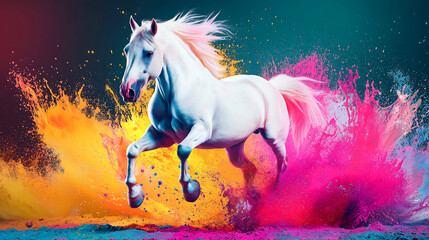 Obraz premium A whole white pony jumping through brightly colored paint splashes
