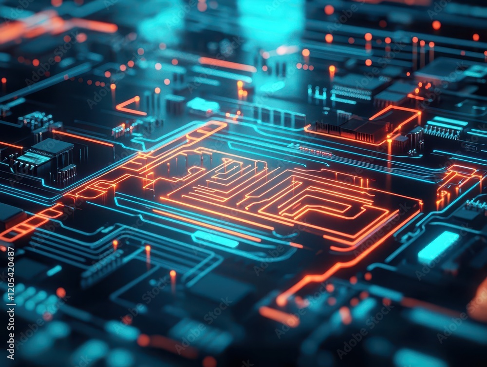 Poster Intricate Computer Circuit Board Illuminated by Vibrant Orange and Blue Lights Creating a Futuristic and Technological Atmosphere in Digital Design