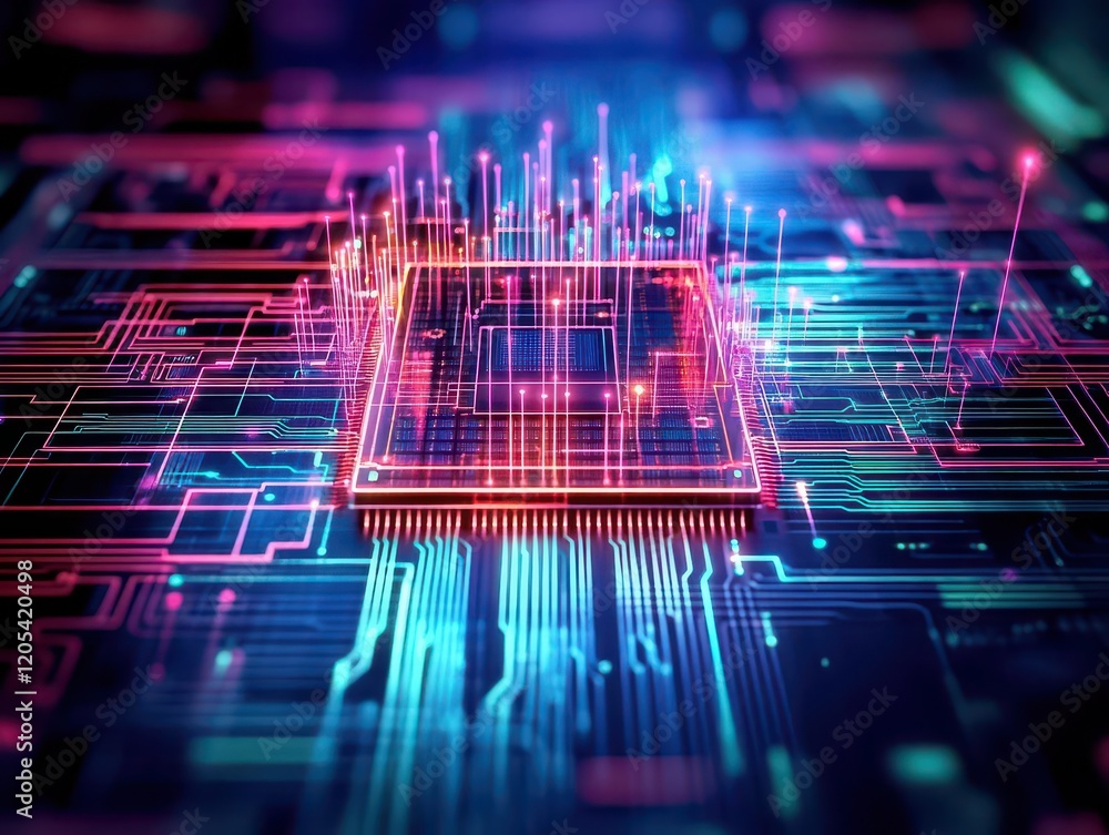 Poster Intricate Circuit Board Design Featuring a Central Circuit Element Surrounded by Complex Connectivity Illustrating Modern Technology and Innovation