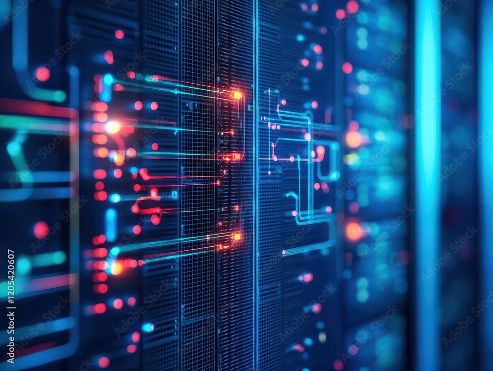 Poster Vibrant Server Rack Illuminated by Colorful LED Lights in a Modern Data Center Creating a Dynamic and Technologically Advanced Atmosphere