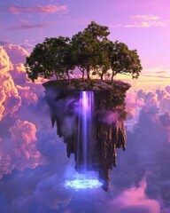 Floating Island with Waterfalls and Trees

