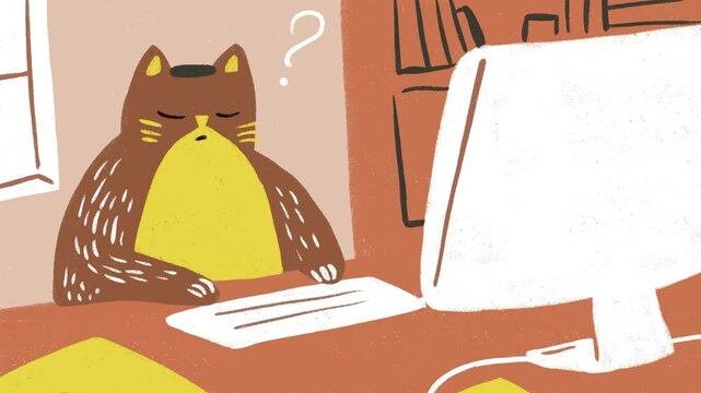 hand-drawn cat working on computer