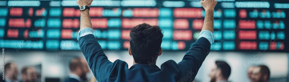 Poster confident businessman in formal attire gestures enthusiastically before stock market display reflect