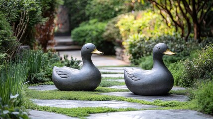 Fototapeta premium Minimalist garden with duck sculptures, designed with simple greenery, stone pathways, and modern duck statues as eye-catching focal points to enhance the outdoor space