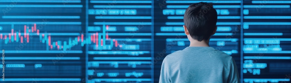 Poster focused man analyzing stock market chart on digital device surrounded by financial data and trends r